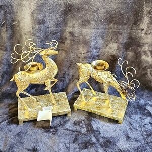 Bombay Gold Silver Reindeer Candle Holders Set of 2 Metal Holiday Decor